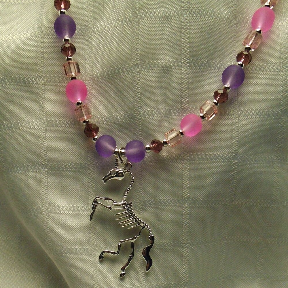 No121 Beautiful handmade long necklace with silver unicorn pendant & earrings